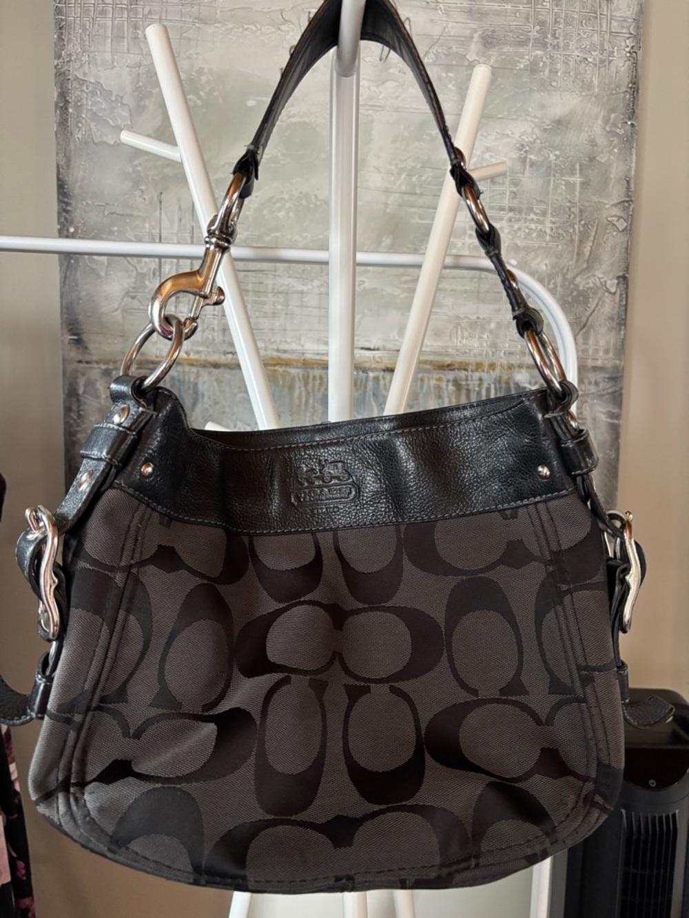 Coach Black Signature Jacquard Hobo Bag with Leather Trim